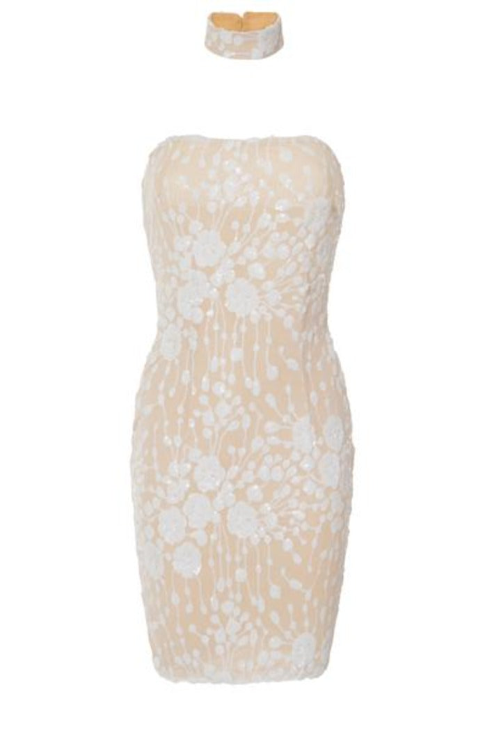 Blossom Luxe White Nude Floral Sequin Bandeau Choker Dress