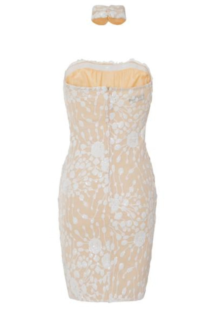 Blossom Luxe White Nude Floral Sequin Bandeau Choker Dress