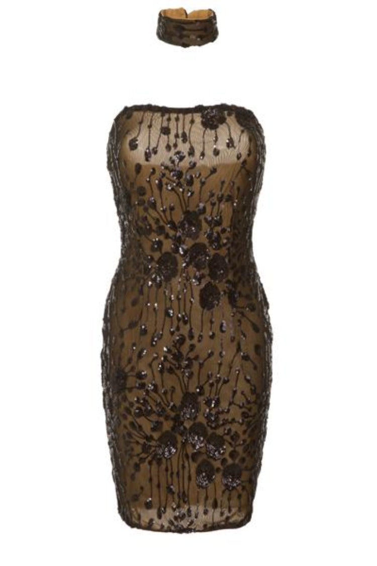 Blossom Luxe Black Nude Floral Sequin Bandeau Choker Dress