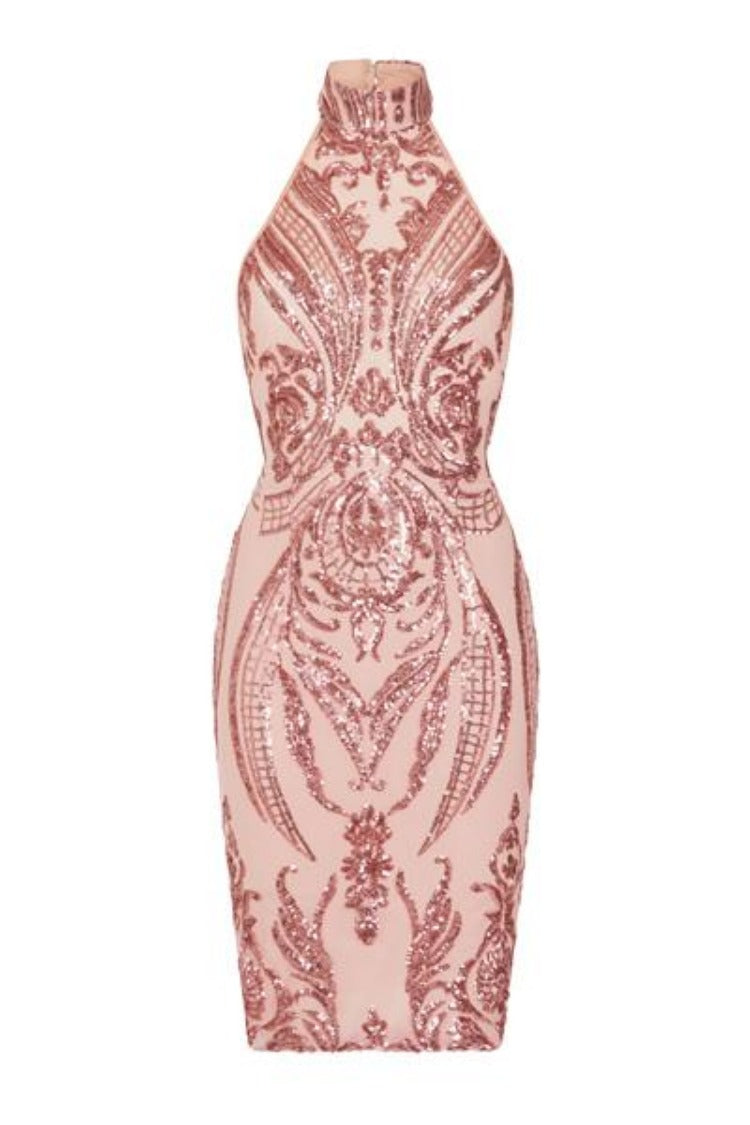 Bonita Pink Luxe Tribal Sequin Embellished Backless Midi Dress