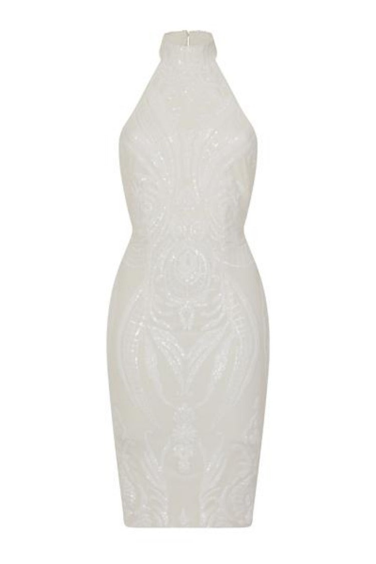 Bonita White Luxe Tribal Sequin Embellished Backless Midi Dress