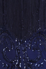 Runway Navy Luxe Sweetheart Tassel Fringe Sequin Fishtail Dress