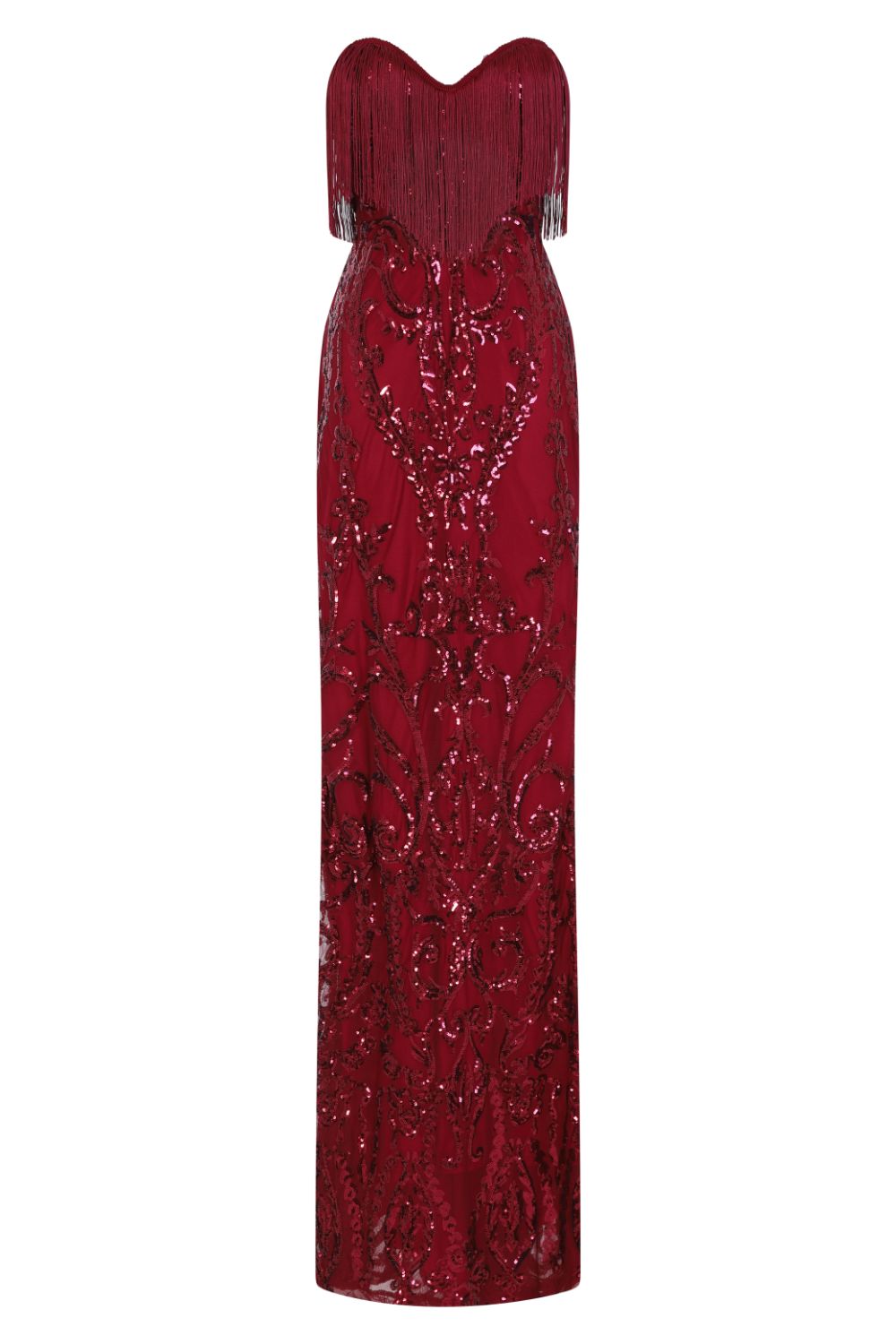 Runway Berry Luxe Sweetheart Tassel Fringe Sequin Fishtail Dress