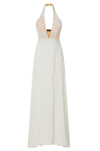 Jadore Couture White Keyhole Bust Floral Sequin Double Slit Dress