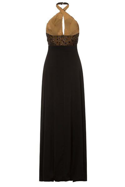 Jadore Couture Black Keyhole Bust Floral Sequin Double Slit Dress