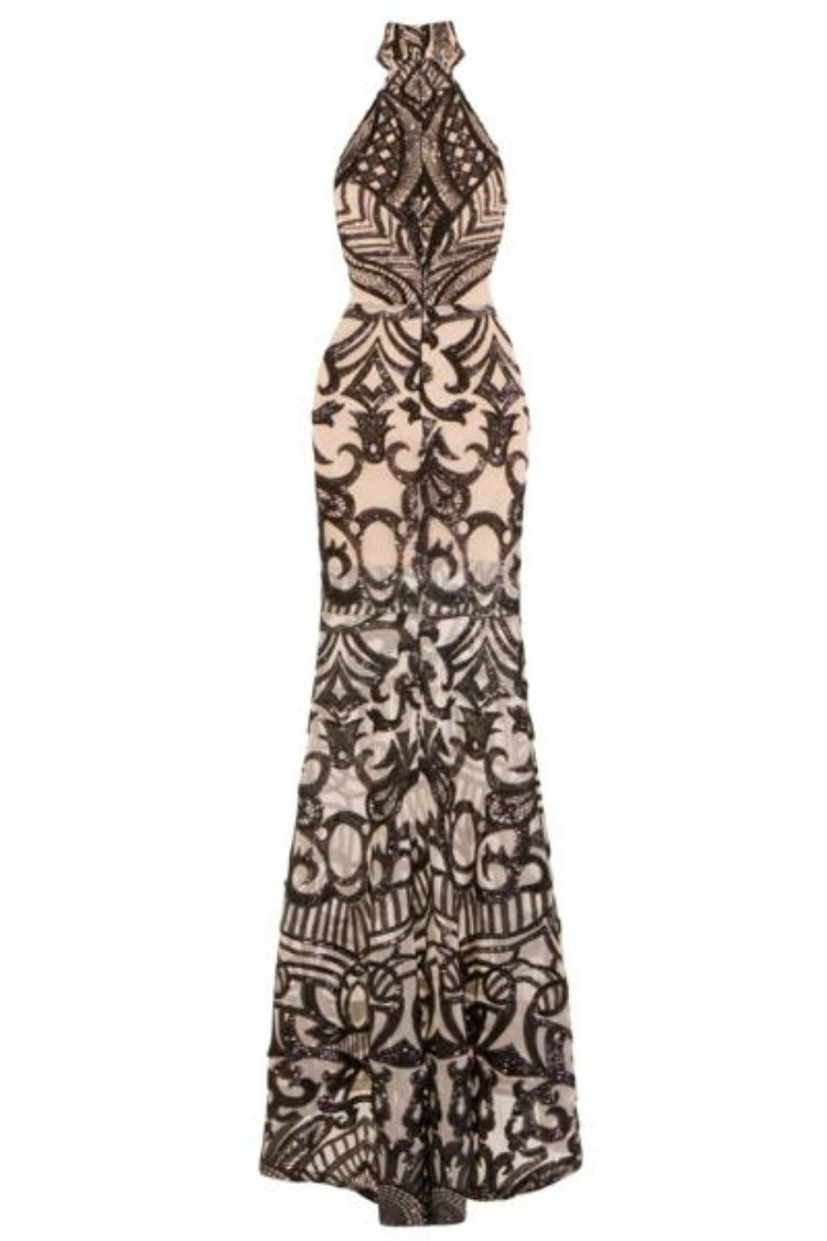 Envy Black Nude Vip Luxe Illusion Sequin Embellished Fishtail Dress