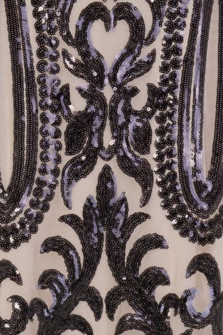Ayisha Luxe Black Nude Victorian Sequin Illusion Exposed Maxi Dress