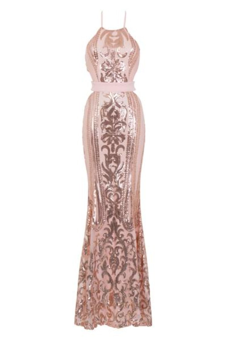 Ayisha Luxe Rose Gold Victorian Sequin Illusion Exposed Maxi Dress