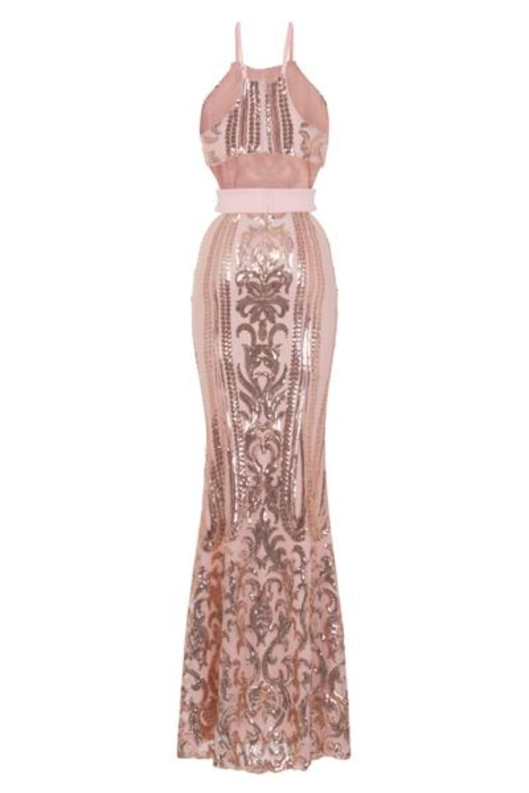 Ayisha Luxe Rose Gold Victorian Sequin Illusion Exposed Maxi Dress