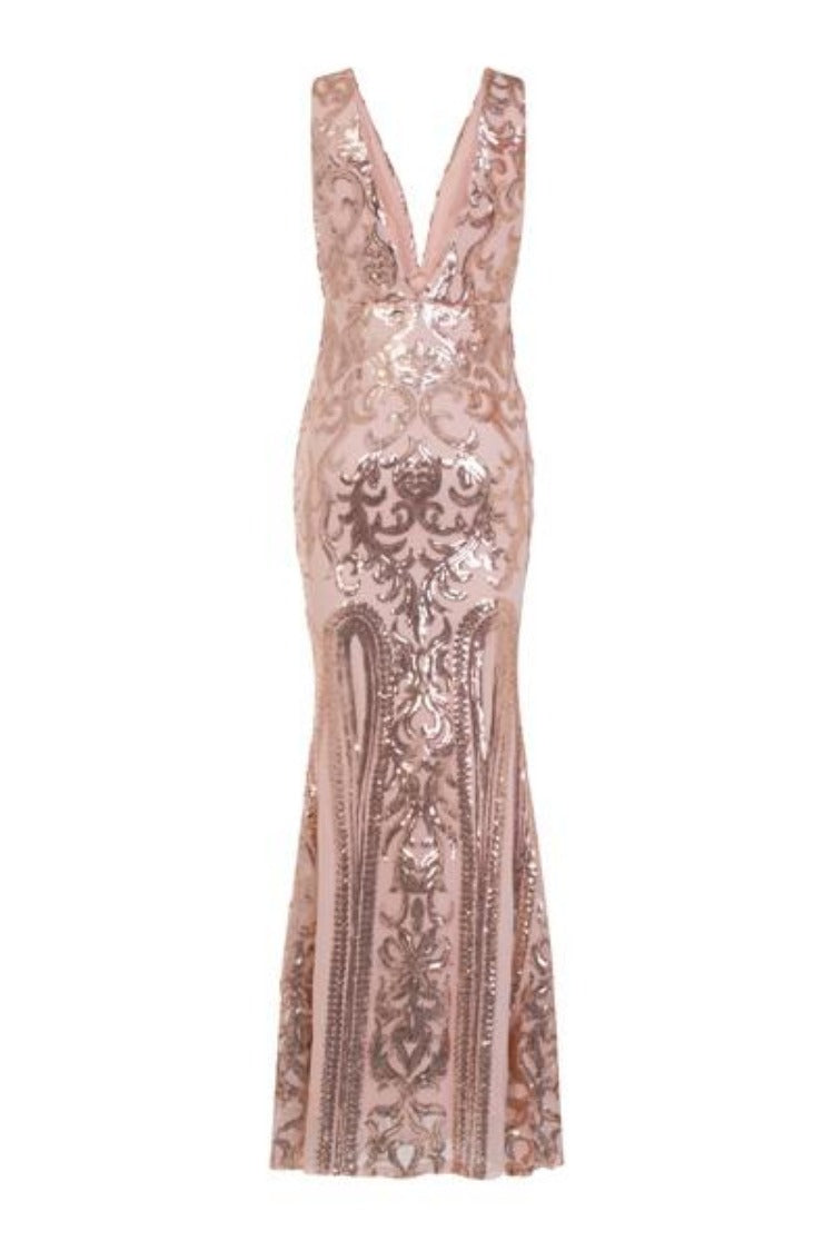 Lush Luxe Rose Gold Triple V Plunge Sequin Illusion Fishtail Maxi Dress
