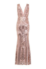 Lush Luxe Rose Gold Triple V Plunge Sequin Illusion Fishtail Maxi Dress