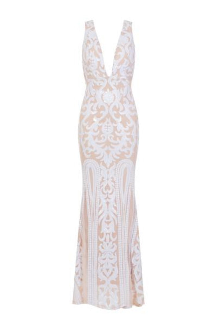 Lush Luxe White Nude Triple V Plunge Sequin Illusion Fishtail Maxi Dress