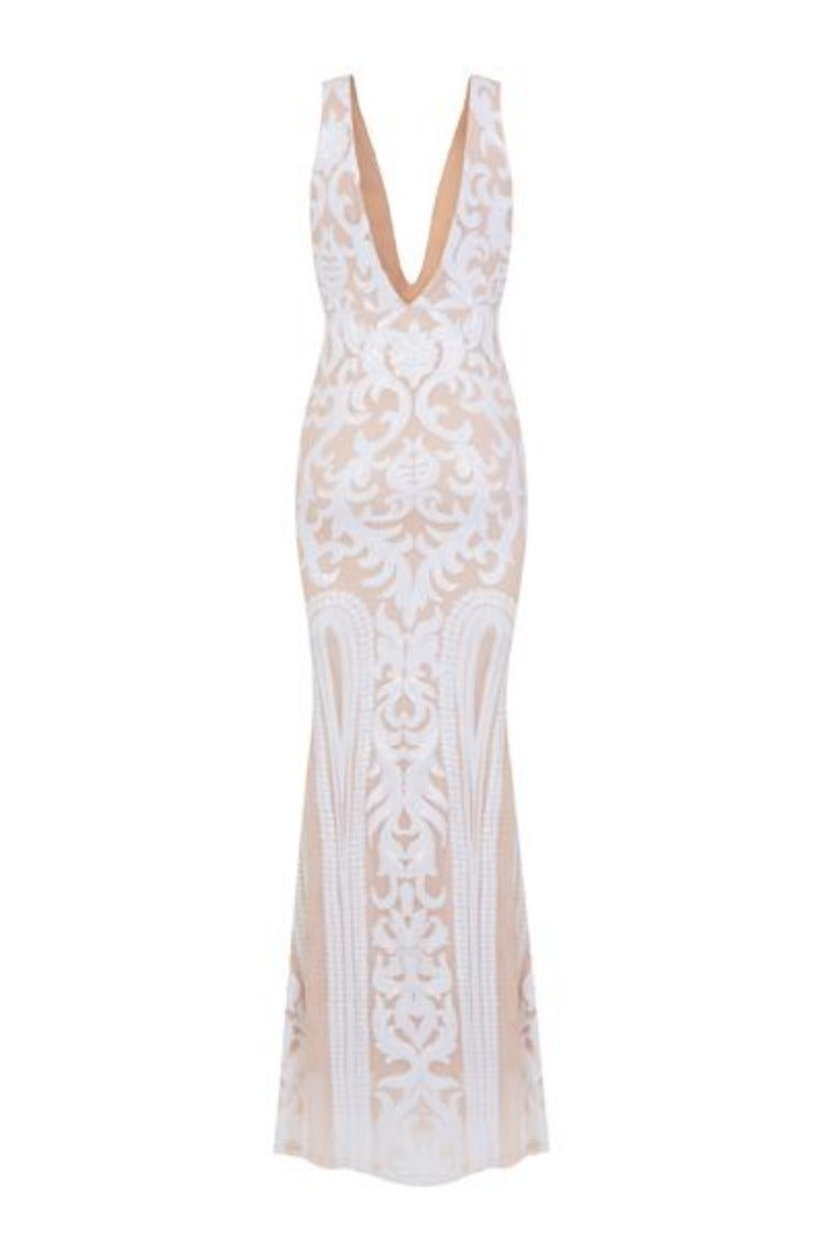 Lush Luxe White Nude Triple V Plunge Sequin Illusion Fishtail Maxi Dress