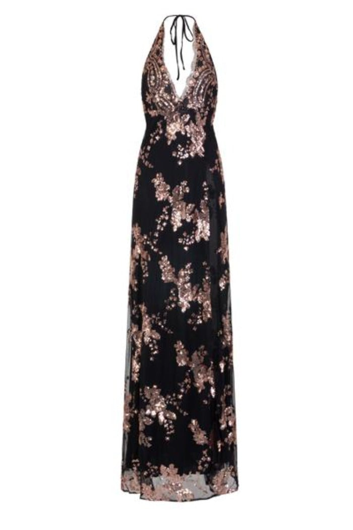 Gala Black Plunge Halterneck Floral Sequin Thigh Slit Maxi Dress