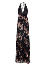 Gala Black Plunge Halterneck Floral Sequin Thigh Slit Maxi Dress