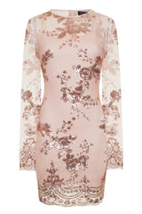 Flirt Nude & Rose Gold Batwing Floral Sequin Scalloped Kaftan Dress
