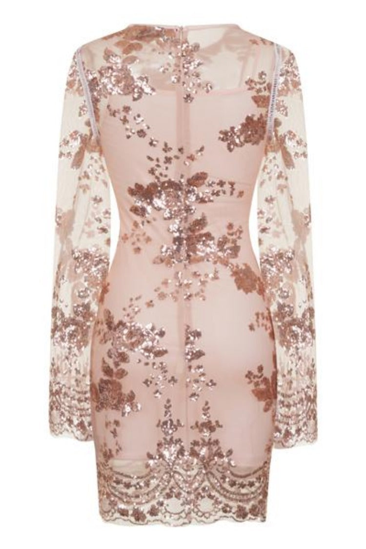 Flirt Nude & Rose Gold Batwing Floral Sequin Scalloped Kaftan Dress