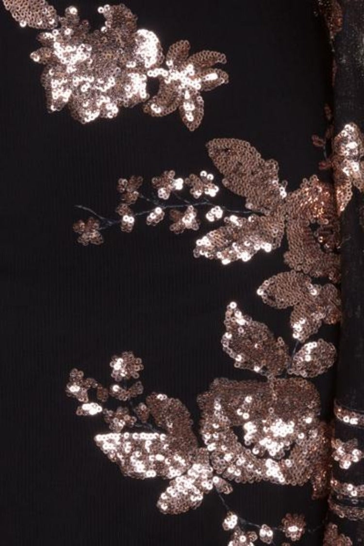 Flirt Black & Rose Gold Batwing Floral Sequin Scalloped Kaftan Dress