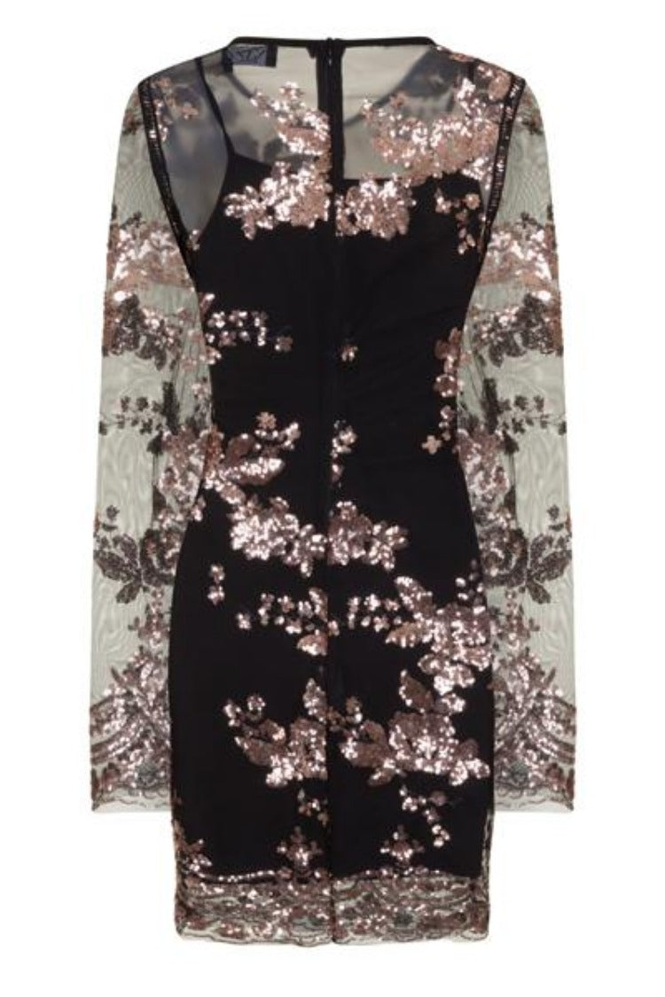 Flirt Black & Rose Gold Batwing Floral Sequin Scalloped Kaftan Dress