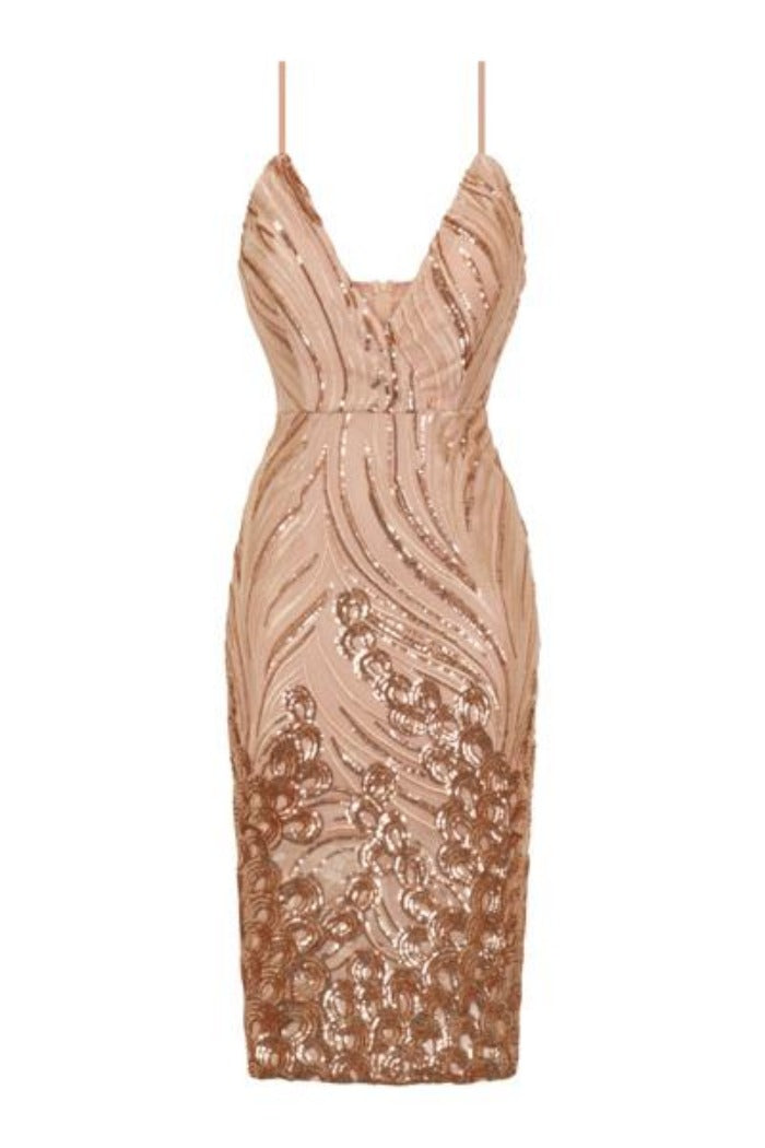 Monaco Luxe Rose Gold Nude Plunge Sequin Sheer Midi Pencil Dress