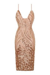 Monaco Luxe Rose Gold Nude Plunge Sequin Sheer Midi Pencil Dress
