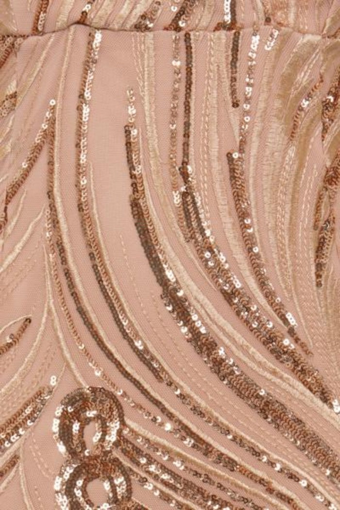 Monaco Luxe Rose Gold Nude Plunge Sequin Sheer Midi Pencil Dress