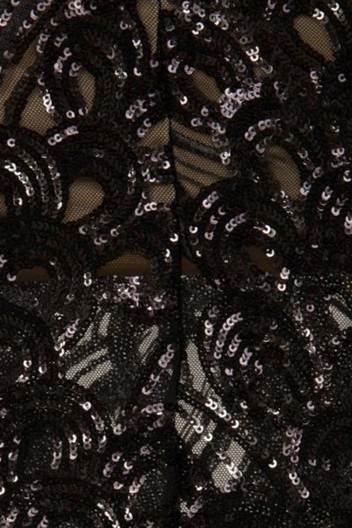 Monaco Luxe Black Nude Plunge Sequin Sheer Midi Pencil Dress