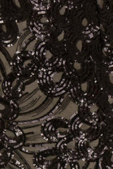 Lavish Black Luxe Sweetheart Mesh Plunge Petal Sequin Fishtail Dress