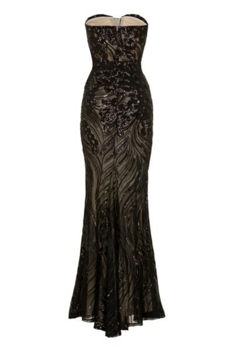 Lavish Black Luxe Sweetheart Mesh Plunge Petal Sequin Fishtail Dress