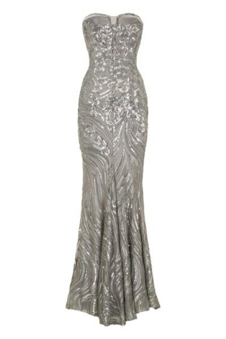Lavish Silver Luxe Sweetheart Mesh Plunge Petal Sequin Fishtail Dress
