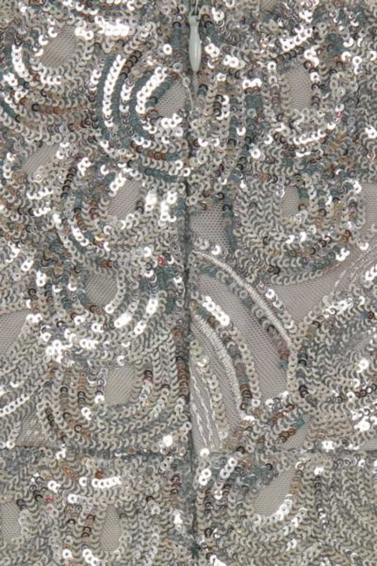 Lavish Silver Luxe Sweetheart Mesh Plunge Petal Sequin Fishtail Dress