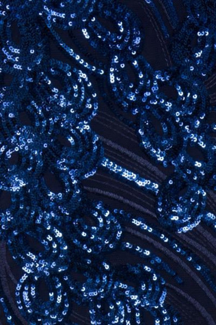 Lavish Navy Luxe Sweetheart Mesh Plunge Petal Sequin Fishtail Dress