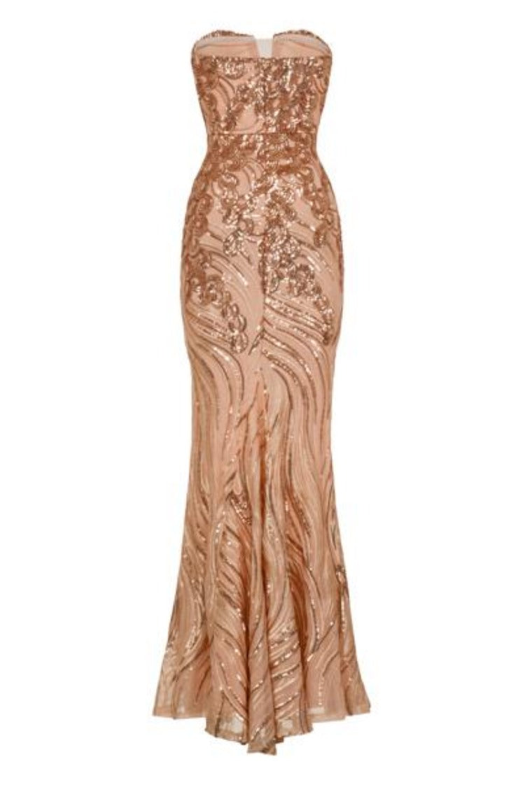 Lavish Gold Luxe Sweetheart Mesh Plunge Petal Sequin Fishtail Dress