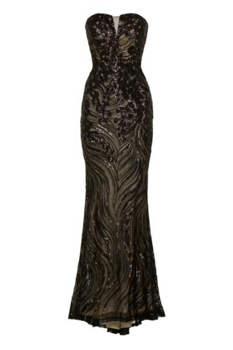 Lavish Black Luxe Sweetheart Mesh Plunge Petal Sequin Fishtail Dress