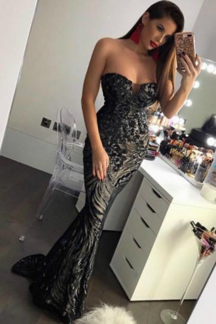 Lavish Black Luxe Sweetheart Mesh Plunge Petal Sequin Fishtail Dress