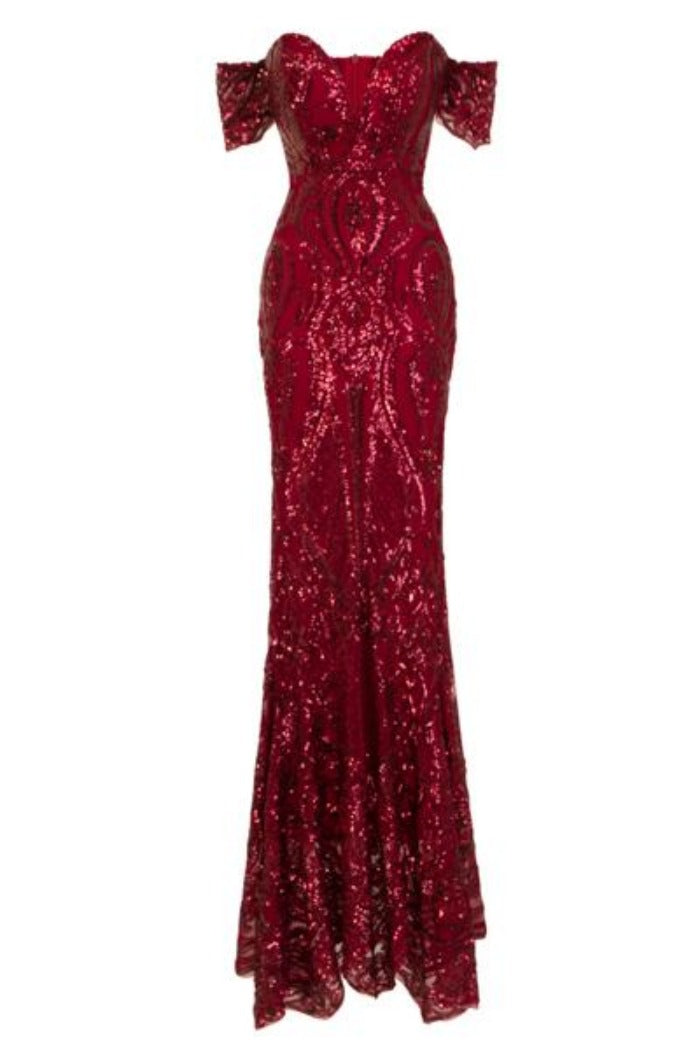 Lovestruck Berry Luxe Sweetheart Off Shoulder Sequin Fishtail Dress