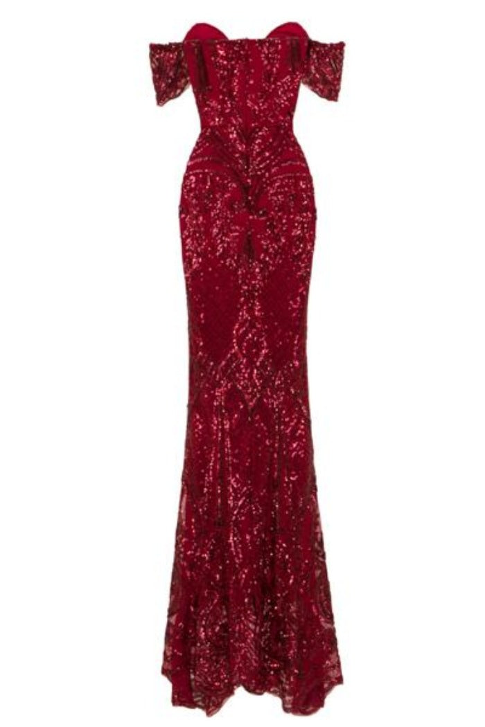 Lovestruck Berry Luxe Sweetheart Off Shoulder Sequin Fishtail Dress
