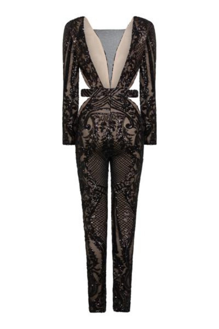 toxic nazz collection black sequin embellished cut out long sleeve jumpsuit romper