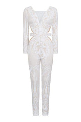 toxic nazz collection white sequin embellished cut out long sleeve jumpsuit romper
