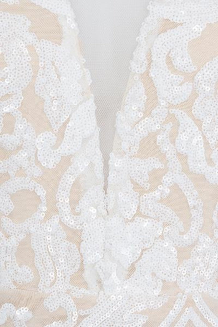 Toxic White Luxe Plunge Illusion Sequin Mesh Embellished Jumpsuit