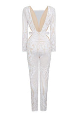 toxic nazz collection white sequin embellished cut out long sleeve jumpsuit romper