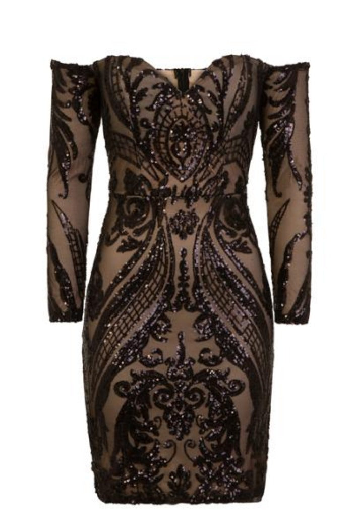 Paris Black Luxe Sequin Illusion Sweetheart Off Shoulder Dress