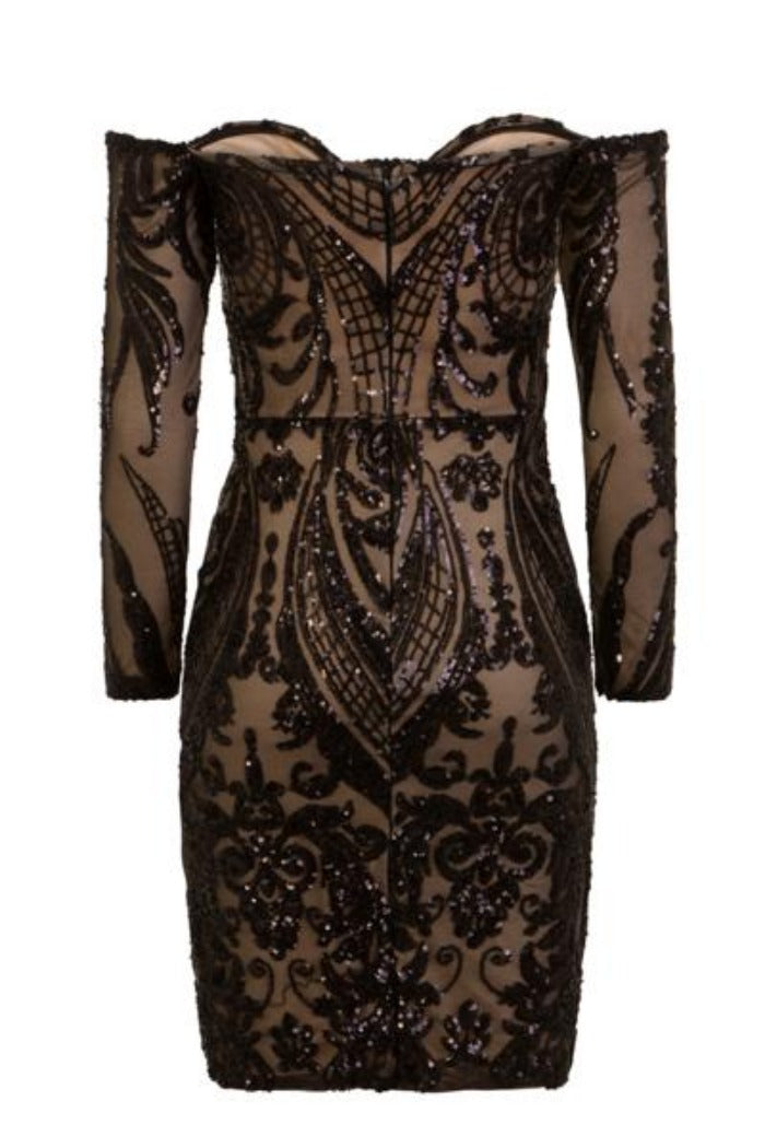 Paris Black Luxe Sequin Illusion Sweetheart Off Shoulder Dress