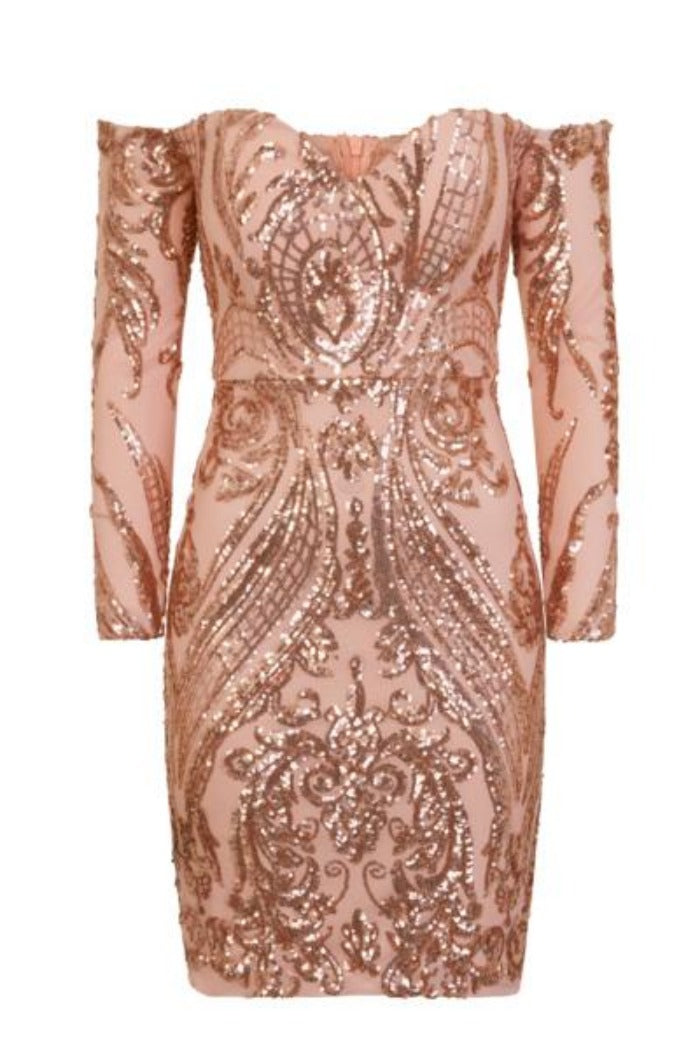 Paris Rose Gold Luxe Sequin Illusion Sweetheart Off Shoulder Dress