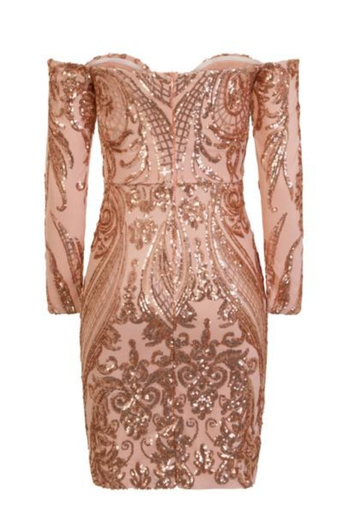 Paris Rose Gold Luxe Sequin Illusion Sweetheart Off Shoulder Dress