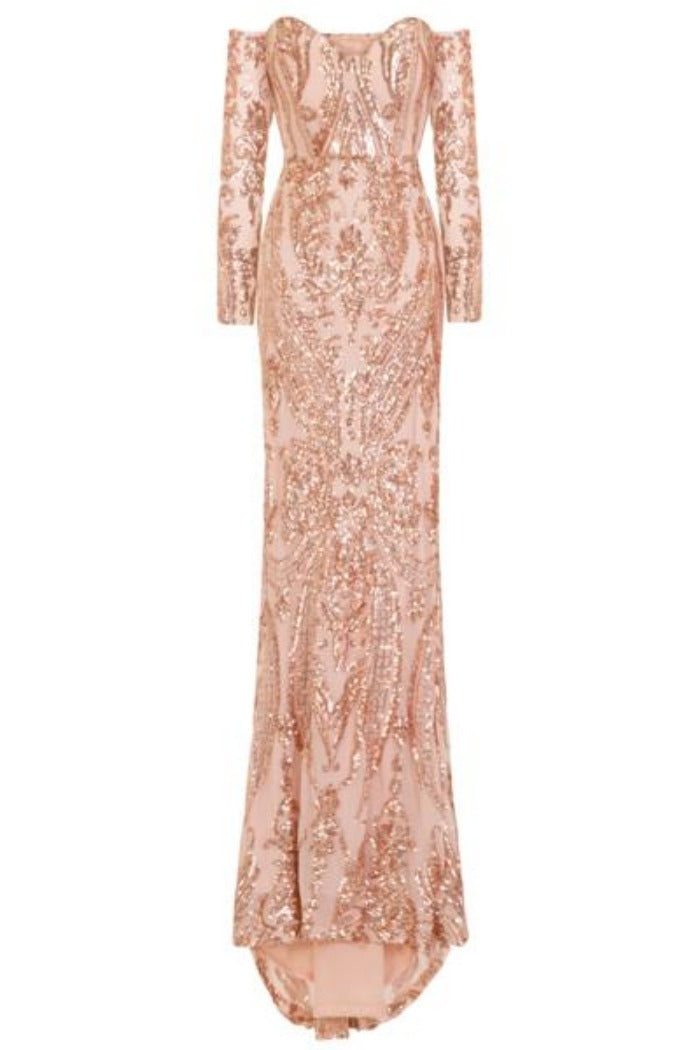 Rain Rose Gold Luxe Vip Sequin Sweetheart Off Shoulder Fishtail Dress