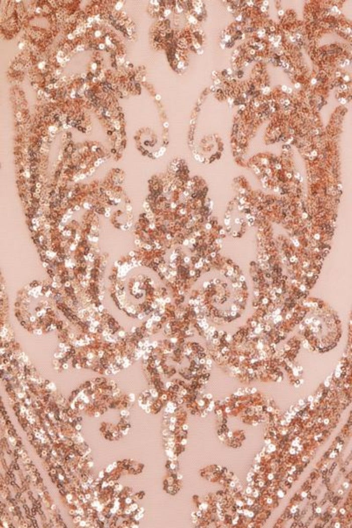 Rain Rose Gold Luxe Vip Sequin Sweetheart Off Shoulder Fishtail Dress