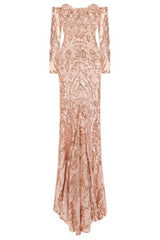 Rain Rose Gold Luxe Vip Sequin Sweetheart Off Shoulder Fishtail Dress