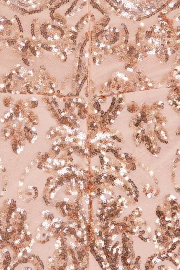 Rain Rose Gold Luxe Vip Sequin Sweetheart Off Shoulder Fishtail Dress