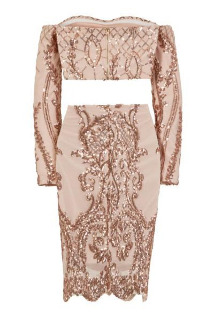 Lust Luxe Rose Gold Sequin Brocade Two Piece Skirt Top Co Ord Set